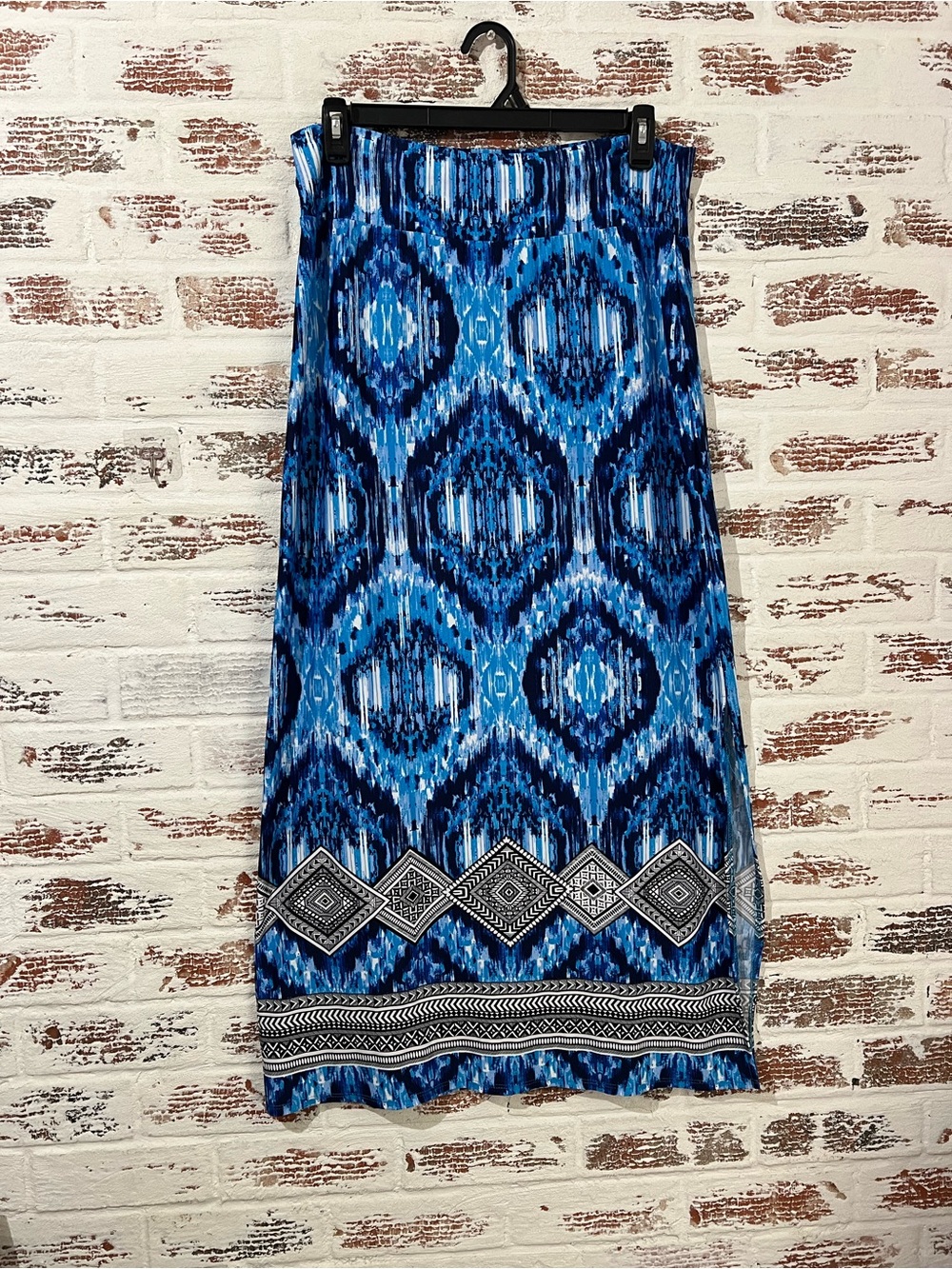 New Directions Maxi Skirt Boho Ikat Geo Print Side Slit Bold Blue Sz XL